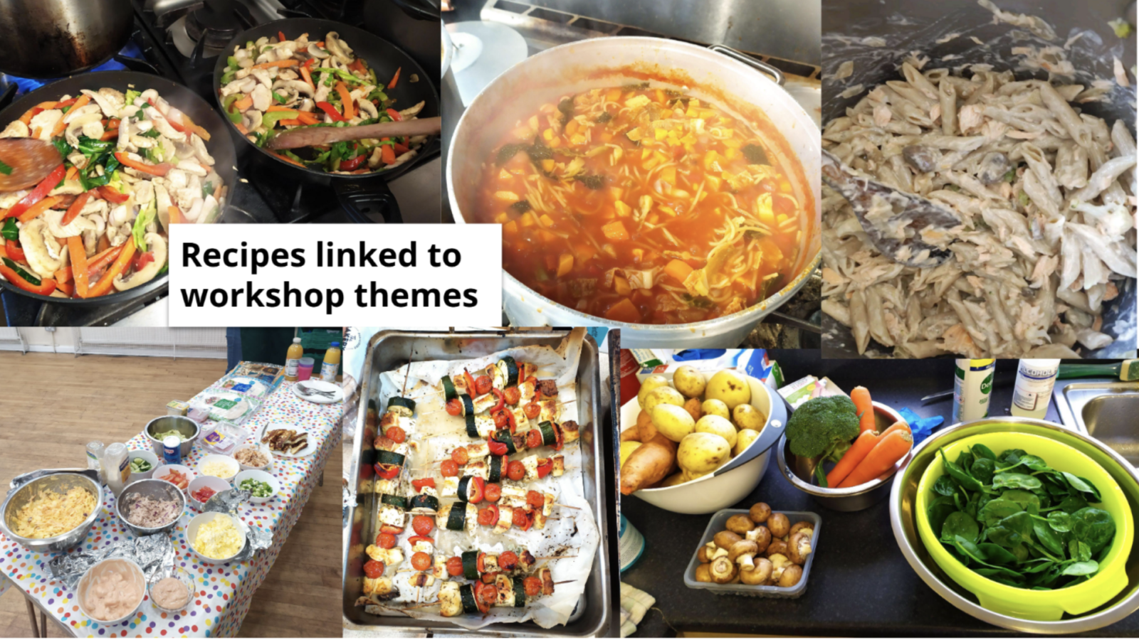 A collage af photographs of a range of hot means with a text caption which reads "recipes linked to workshop themes" A collage af photographs of a range of hot means with a text caption which reads "recipes linked to workshop themes"