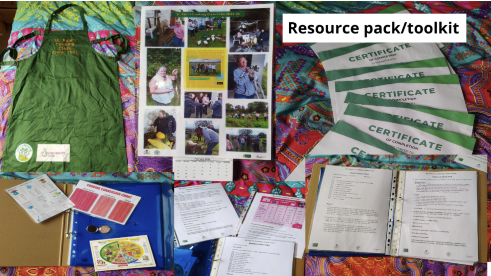 a collage of photos showing ephemera such as recipes and an apron from the cooking group with a caption reading "resource pack/ toolkit" a collage of photos showing ephemera such as recipes and an apron from the cooking group with a caption reading "resource pack/ toolkit"